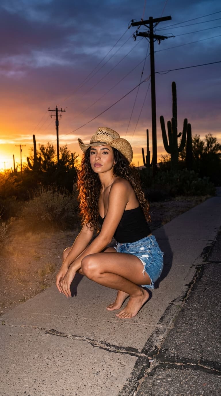 AI generated: ```json
{
"prompt": "Cinematic desert portrait at sunset of a stylish Brazilian woman crouching on a...
