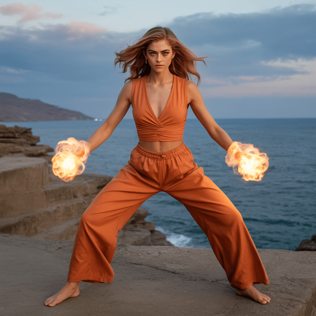 AI generated: Full body veiew of a  beautiful female samara weaving as goku, orange wear, barefoot, (((show foot))...