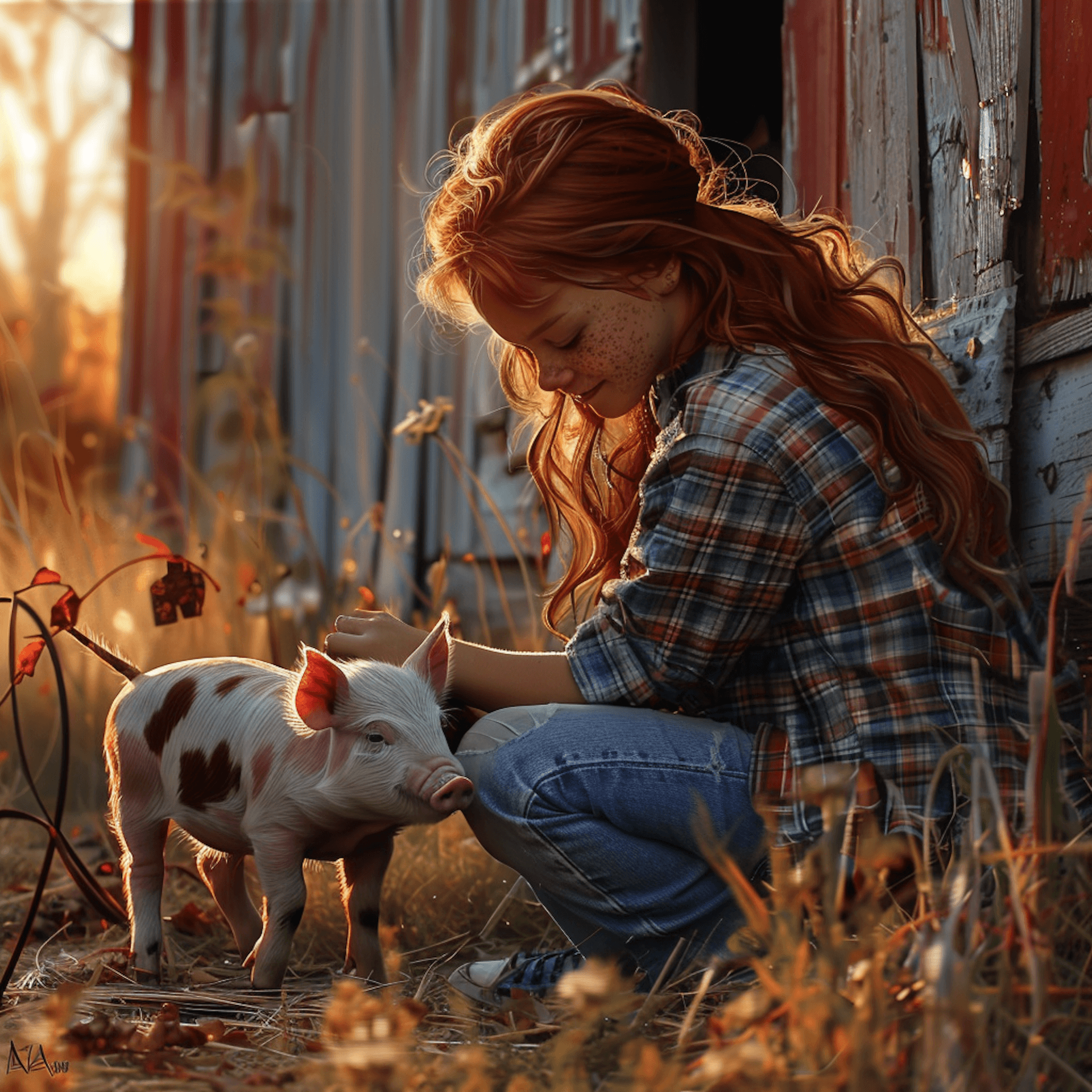 AI generated: a red haired farm girl with freckles, dressed in a flannel shirt and jeans, plays with a small pigle...