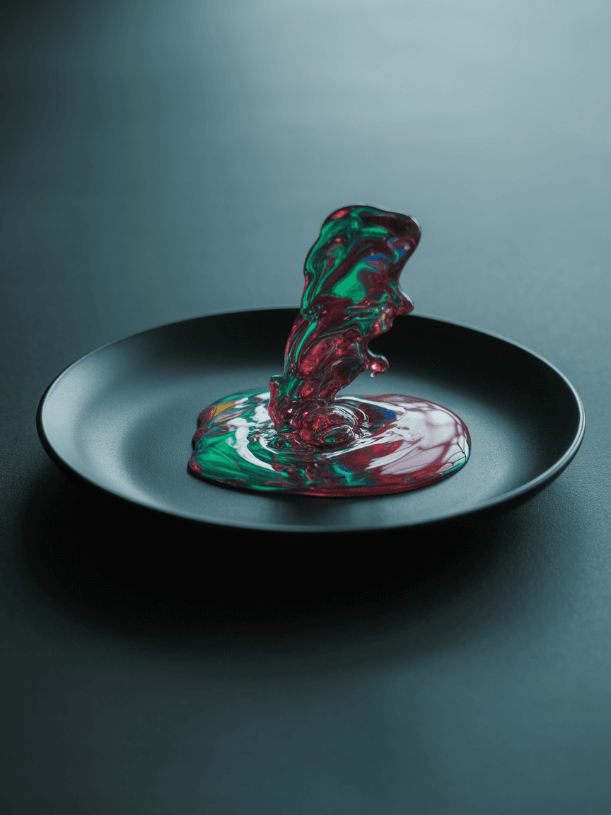 AI generated: detailshot, colourful liquid flow, over plain black plate, glossy, holographic 

