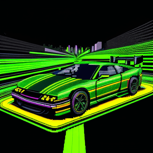 AI generated: A pixelated vector of cars racing, with glitched-out patterns, in shades of green and yellow, in a G...