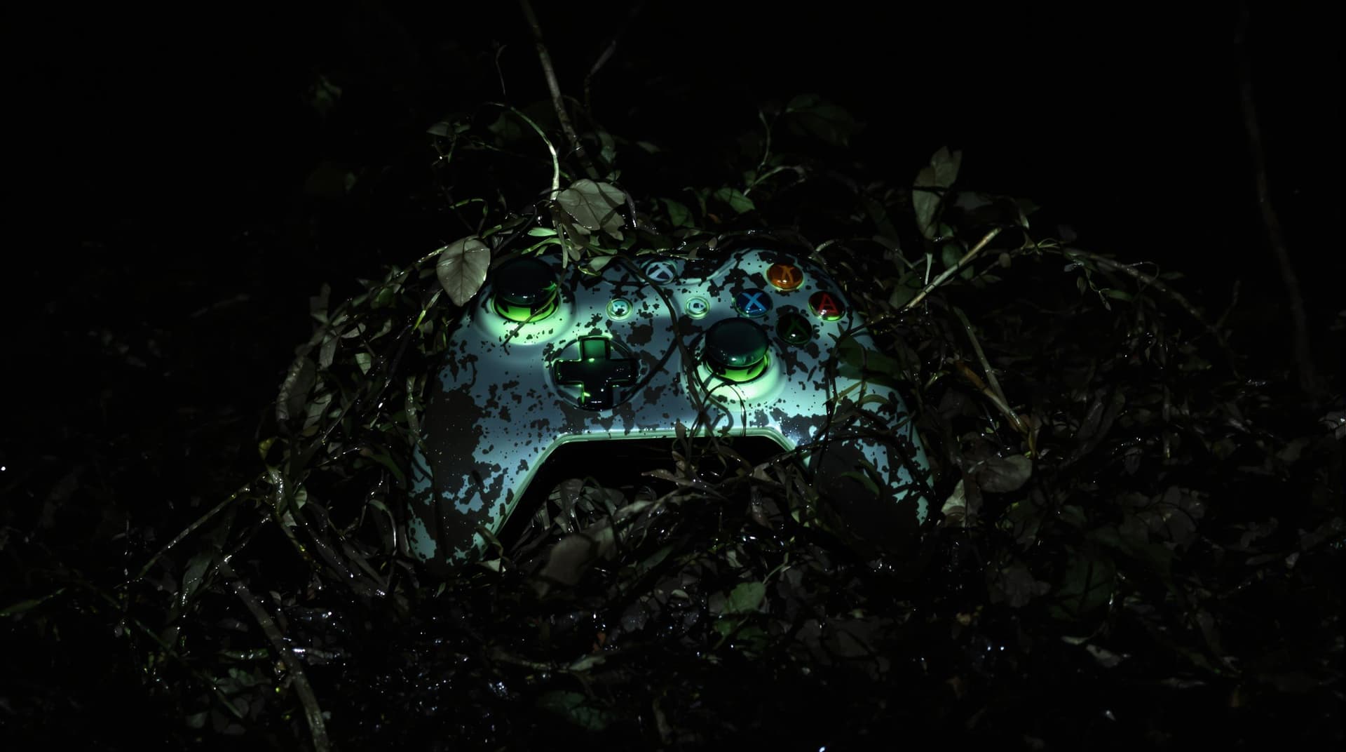 AI generated: A realistic image of an Xbox controller abandoned in a dense forest at night, partially buried in mu...