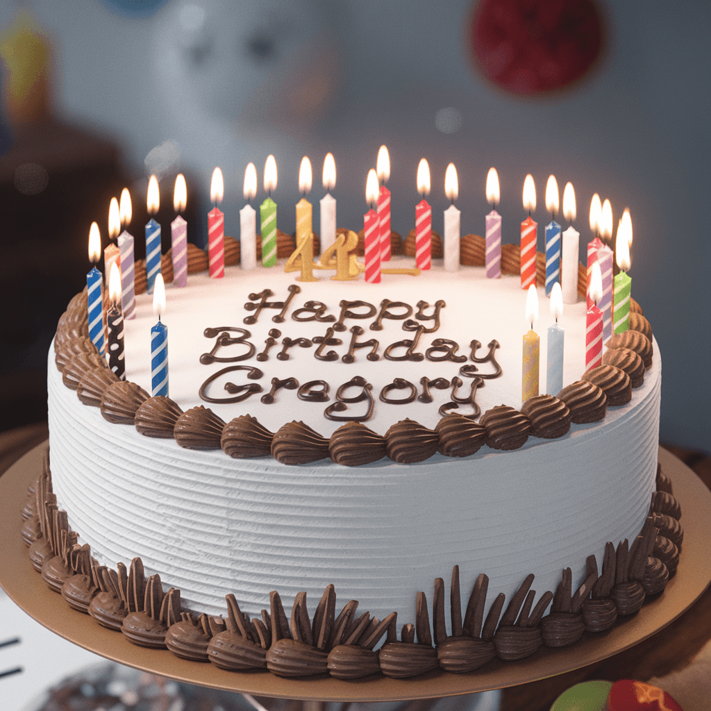AI generated: hyper realism, high detail, cake, that says happy birthday Gregory on the icing, whole cake, 42 cand...