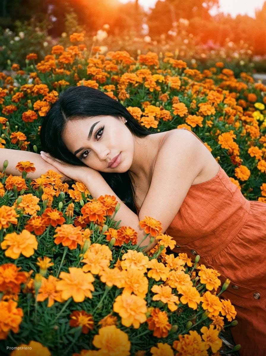 AI generated: Kodak disposable photography of beautiful fashion model with orange dress, laying on orange flower b...