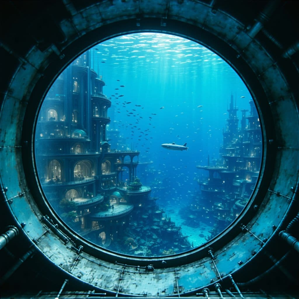 AI generated: Create a photo-realistic image of an underwater city 1,000 feet below the ocean surface. The perspec...