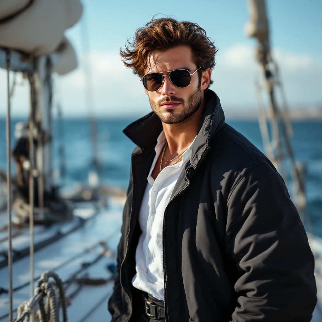 AI generated: A stunning brunette man with sunglasses stands on the deck of a sailboat, high-resolution photograph...