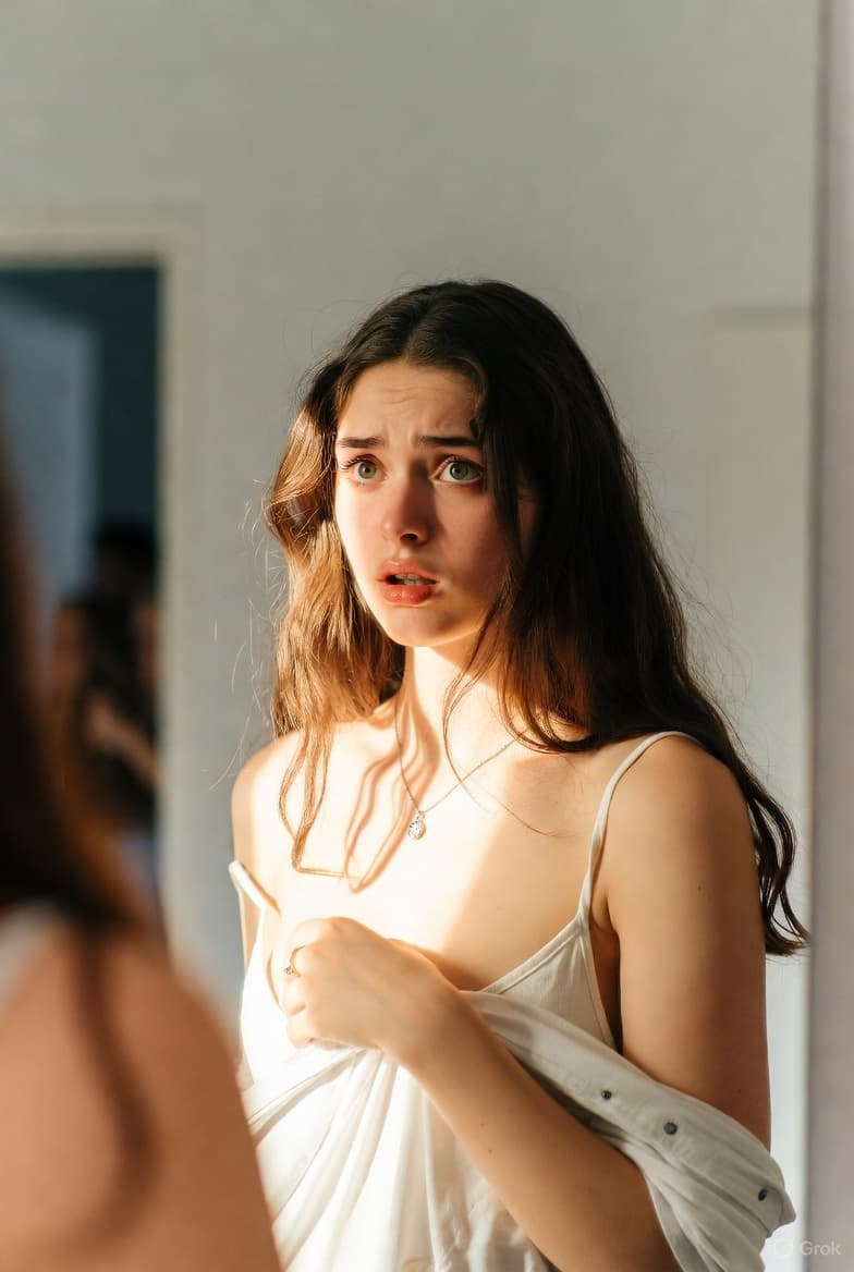 AI generated: a girl feels embarrassing when  she changed clothes 

