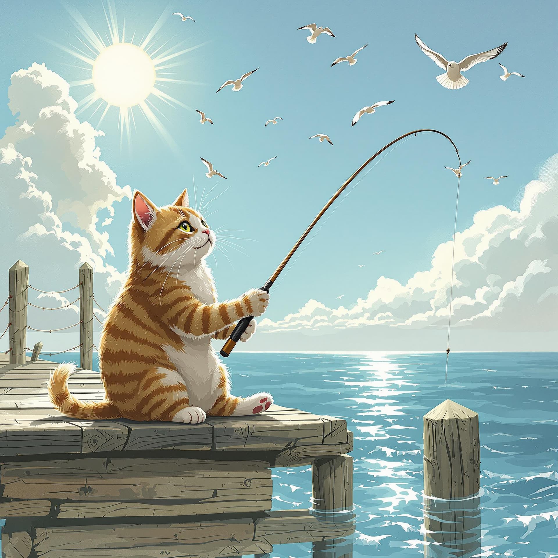 AI generated: a cat with a fishing rod sits on a wooden pier and catches fish, the sun is shining, seagulls are fl...