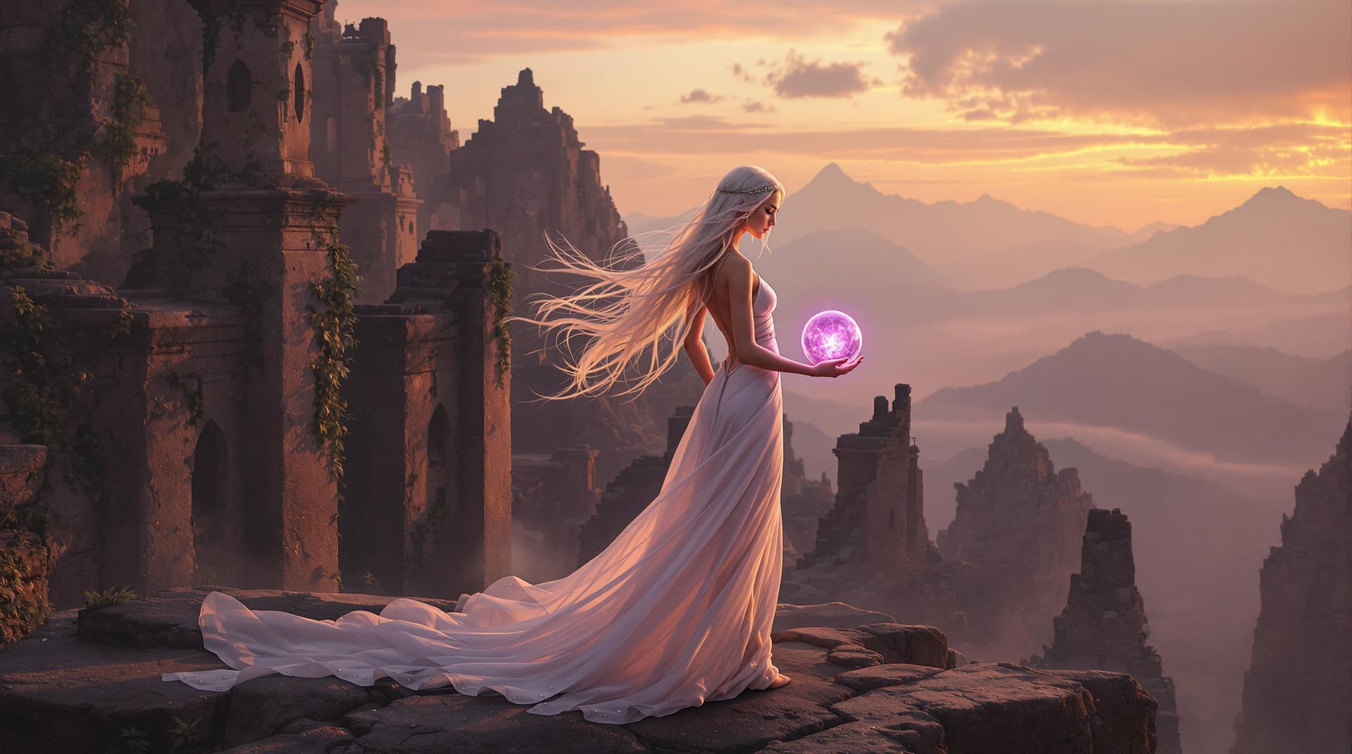 AI generated: a breathtaking portrait of a stunningly gorgeous 25 year old woman standing atop a rocky outcropping...