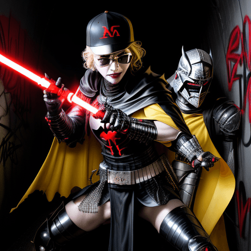 AI generated: Madonna as a mummified demon priest who is apparently immortal is holding a lightsaber and faces wit...