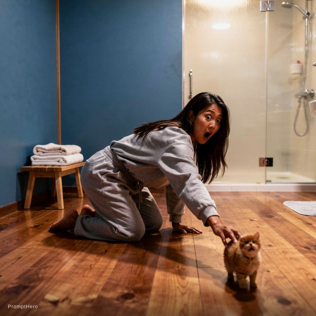 AI generated: Japanese-style bathroom, wooden floor, spacious, blue walls
21-year-old Asian girl, dark skin, crawl...