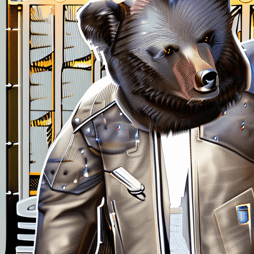 AI generated: A bear dressed as a terminator, sweet, tender, with dark glasses and a leather jacket riding a motor...