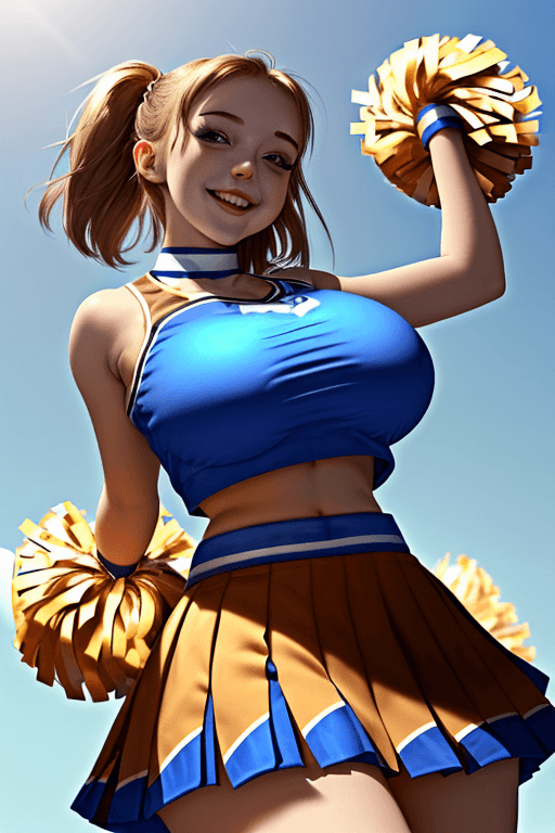 AI generated: A cute 21 year old female with gigantic breasts wearing loose crop top cheerleader outfit and pleate...