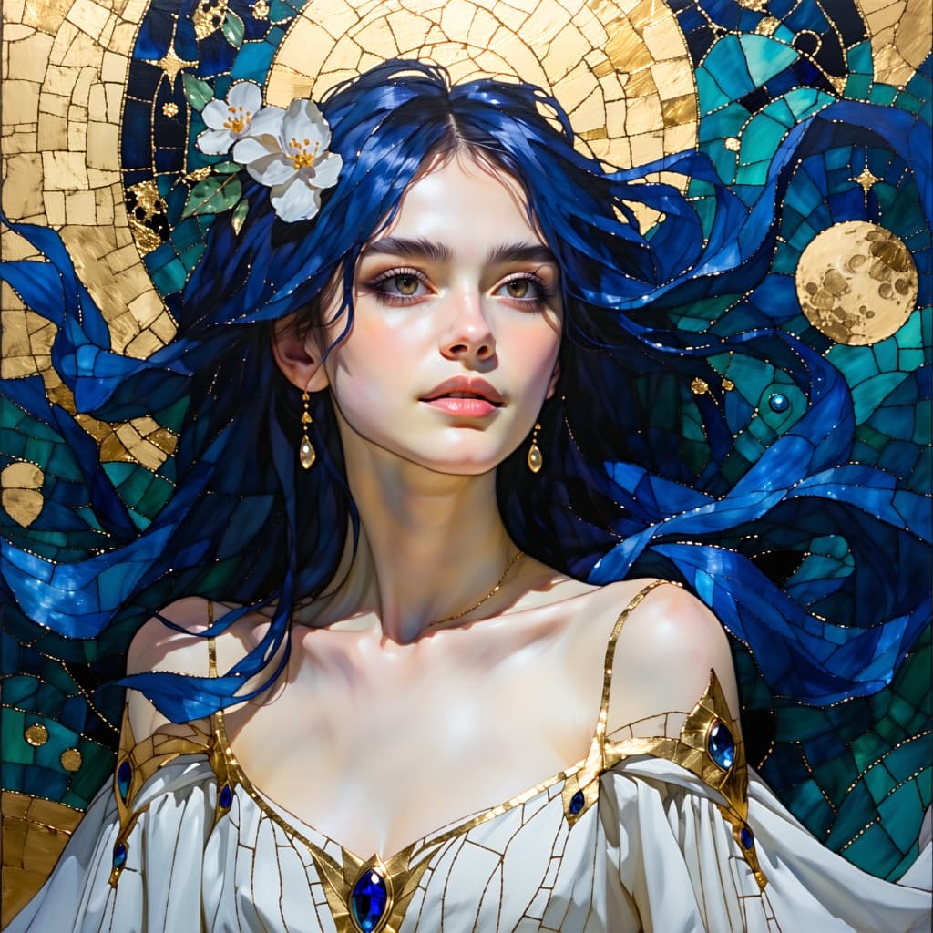 AI generated: A luminous portrait of a mysterious young woman with long flowing sapphire-blue hair, surrounded by ...