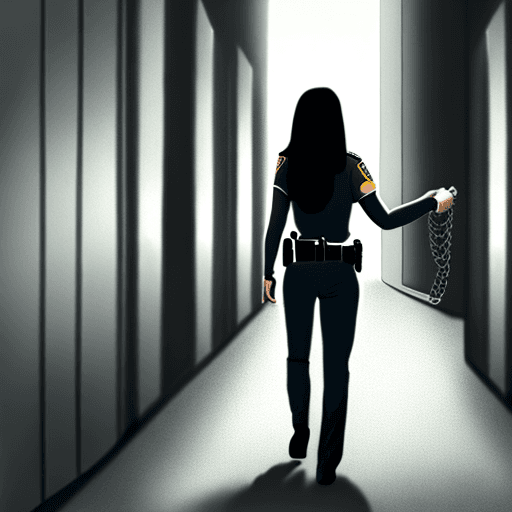 AI generated: woman getting arrested, beautiful, long dark hair, walking away, hands handcuffed in metal police ha...