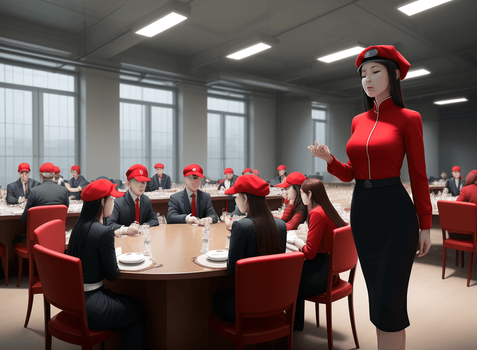AI generated: a group of people sitting at long tables in a room, introduction factory photo, detailed characters,...