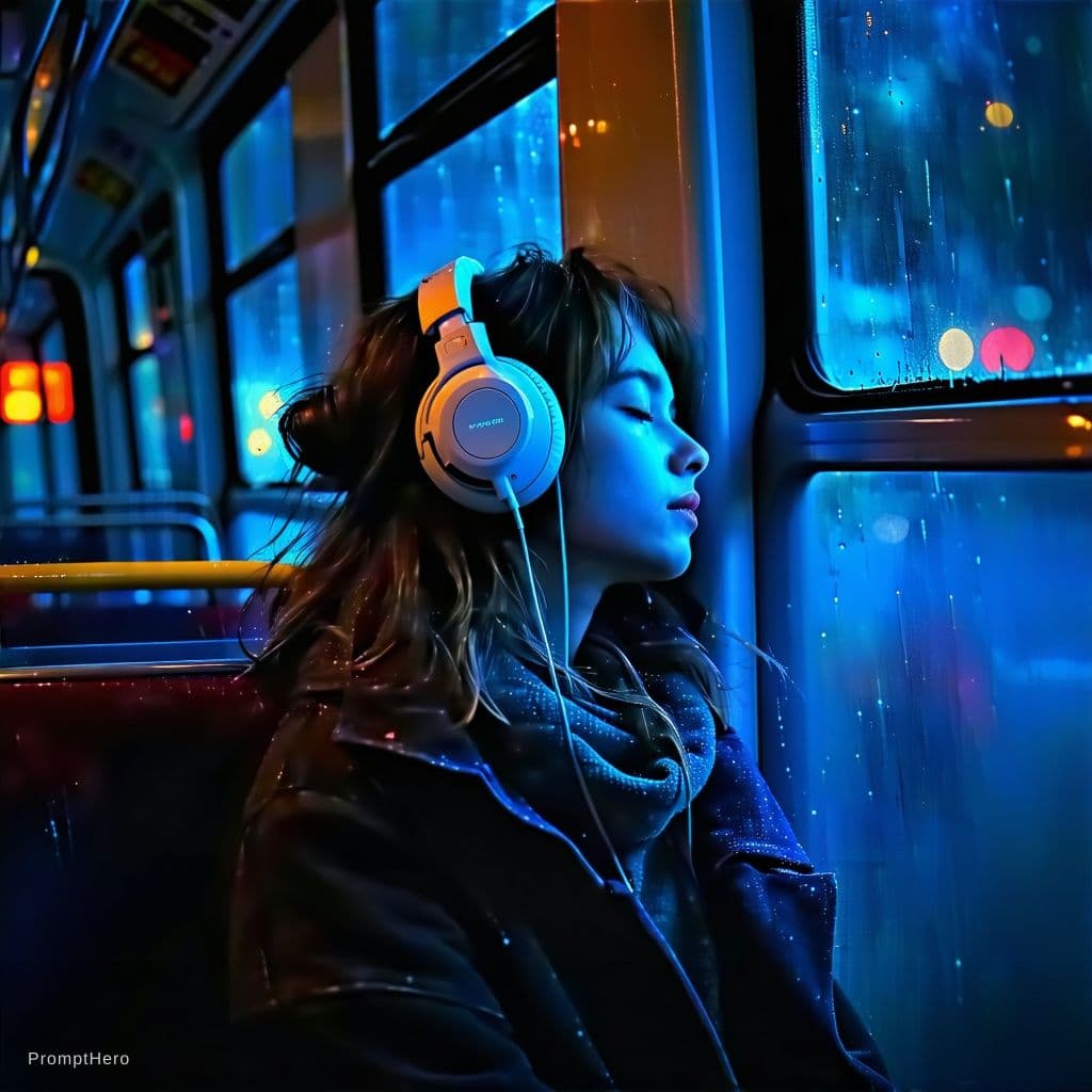 AI generated: girl, headphones, sleeping, in bus, star map outside,  in the style of Pino Daeni,  outside shine,, ...