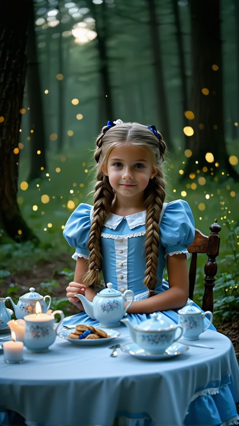 AI generated: a professional photo of a realistic of a pretty tween anna Davis dressed as the alice is sitting at ...