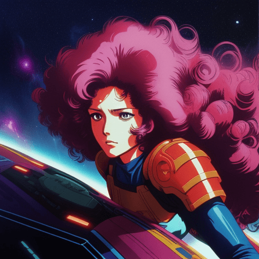 AI generated: 80's sci fi anime, Female warrior with curly long hair cruising the galaxy, away from camera. Very a...