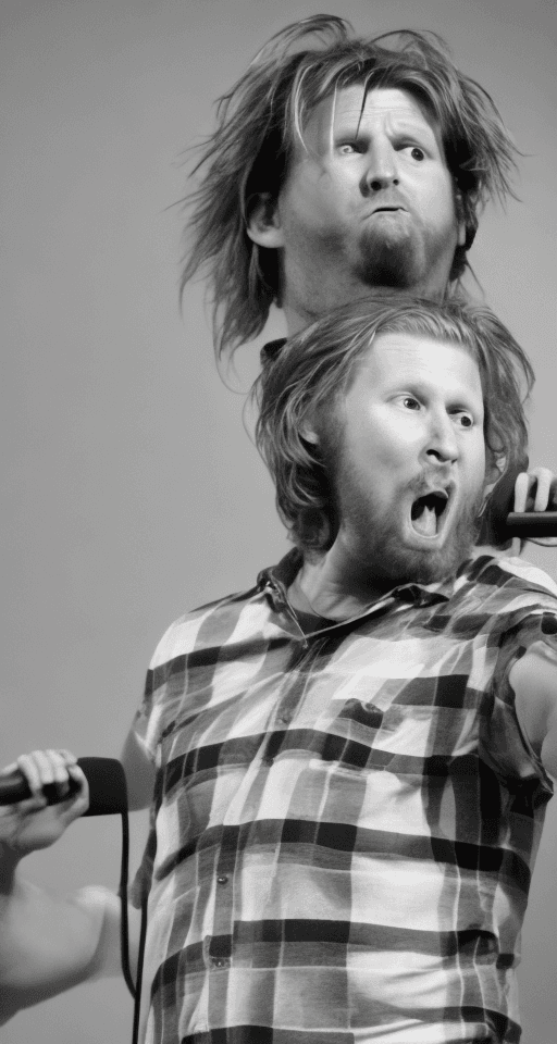 AI generated: Photo of Matt Mullenweg the CEO of Wordpress with a huge mullet haircut, very fat, sweaty armpits, s...