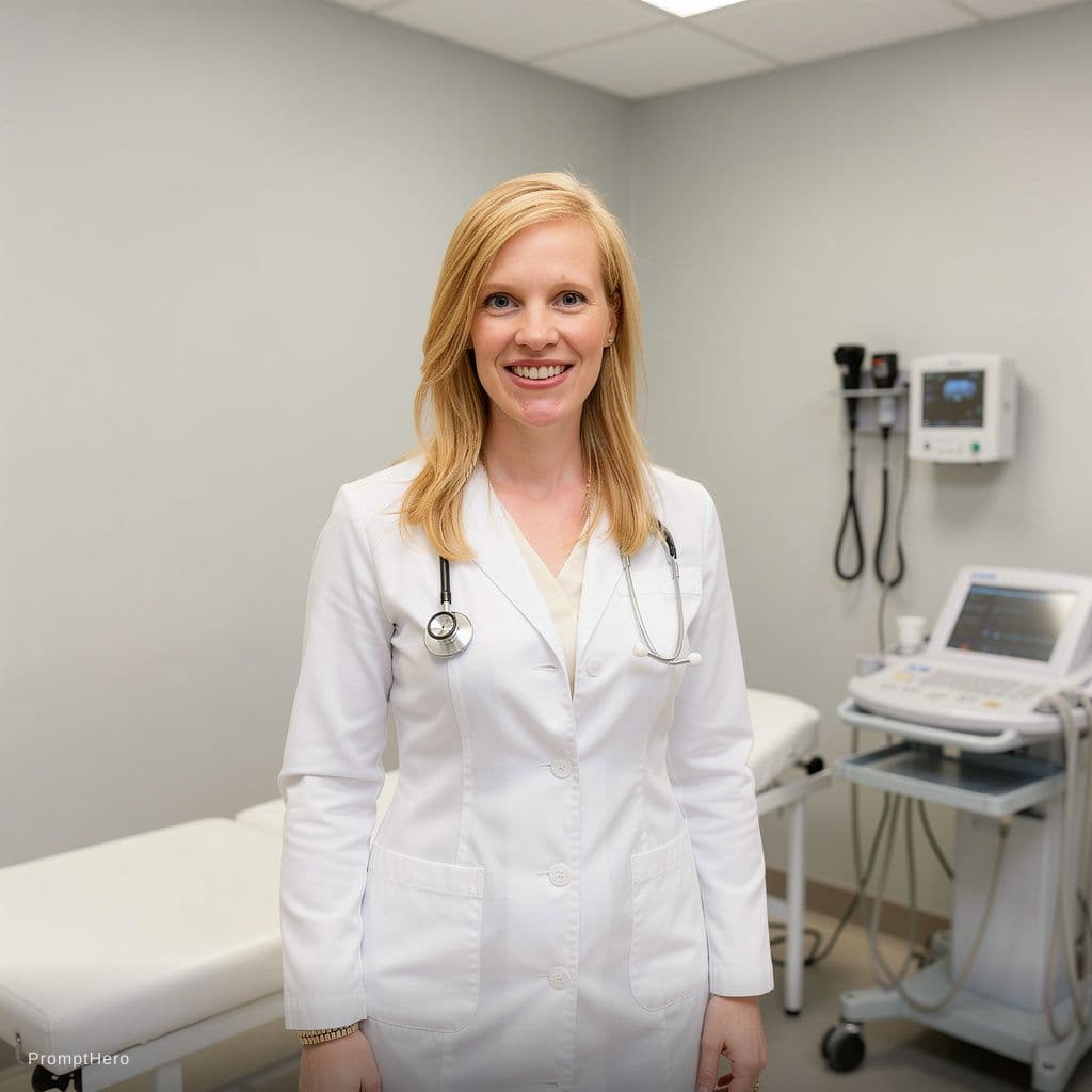 AI generated: a female doctor with long blonde hair, wearing a short, tight white lab coat over a black bra, black...