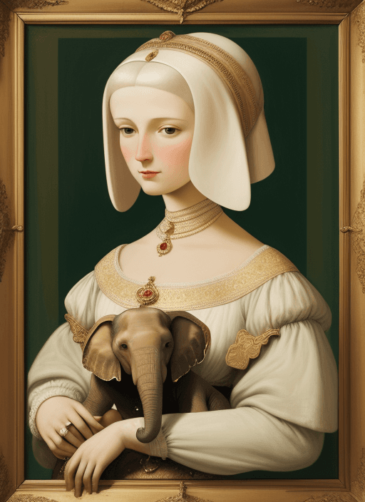 AI generated: A faithful copy of the painting "Lady with an Ermine". In place of the female head, the head of an e...