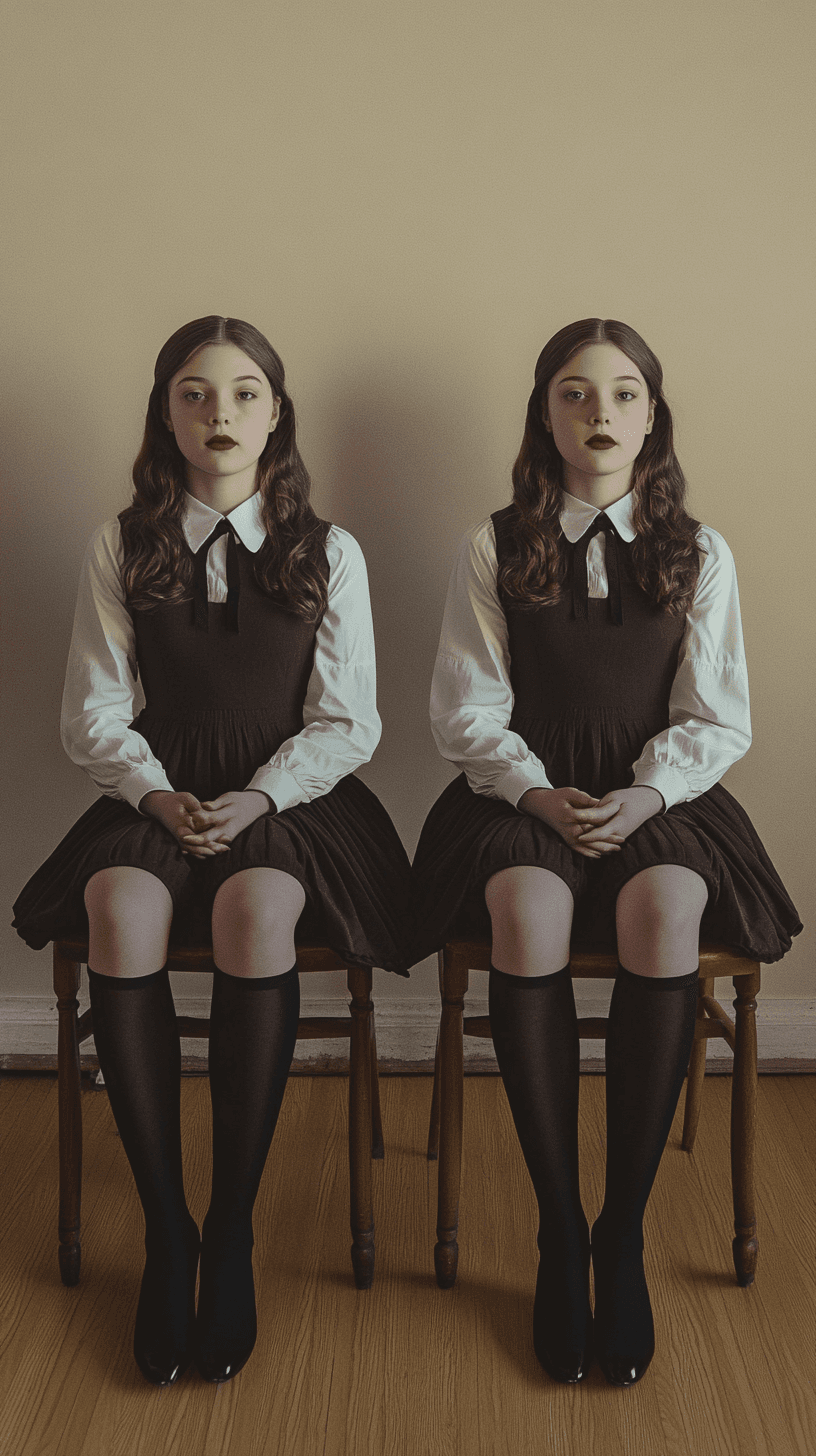 AI generated: A symmetrical photograph of four identical young women sitting in chairs, wearing the same uniform a...