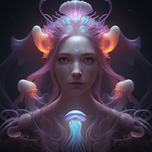 AI generated: Goddess close-up portrait ribcagel. jellyfish phoenix head, nautilus, orchid, skull, betta fish, bio...