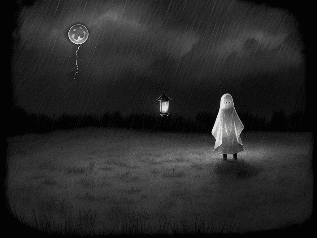 AI generated: drawing of a ghost holding lantern at field. alone. in a rainstorm. Include rain and lightning. moon...