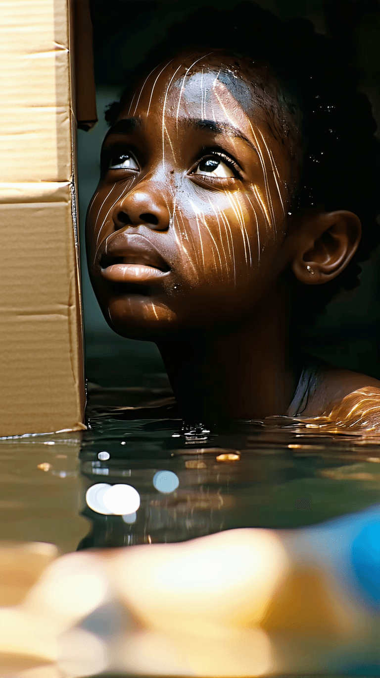 AI generated: Macroview of an African girl face looking up to a box filled with water,sunlight peace’s make glowin...