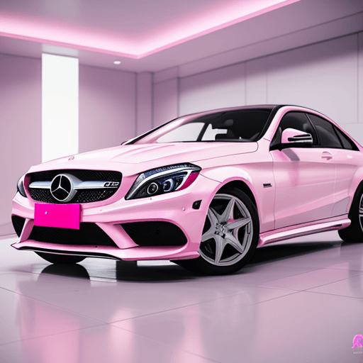 AI generated: All white tile room, pink Mercedes Benz C200 w202, perfect pink, bright lighting, pastel colors, ins...