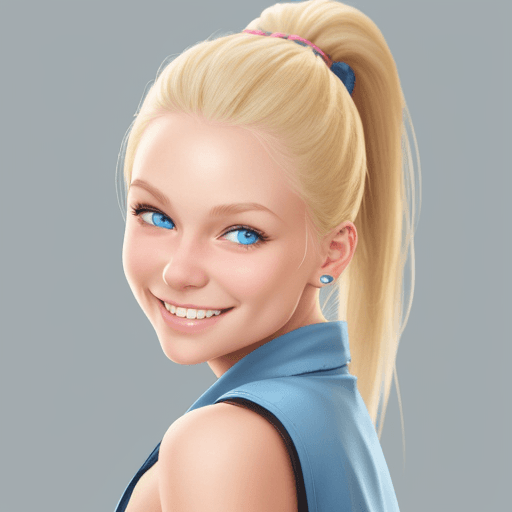 AI generated: blonde girl with ponytail blue eyes. smiling face, realistic