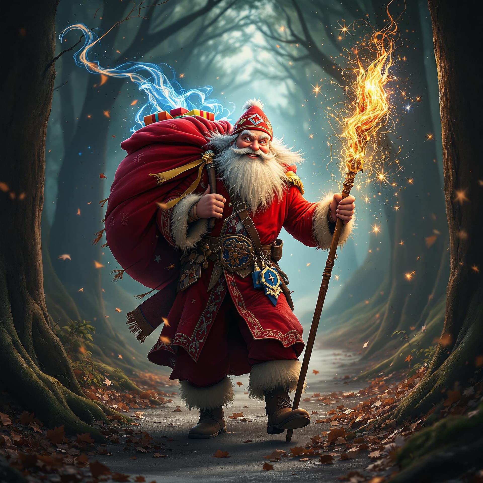 AI generated: movie poster, pleased kind russian uncle frost wearing red rocker clothes is depicted in an action p...