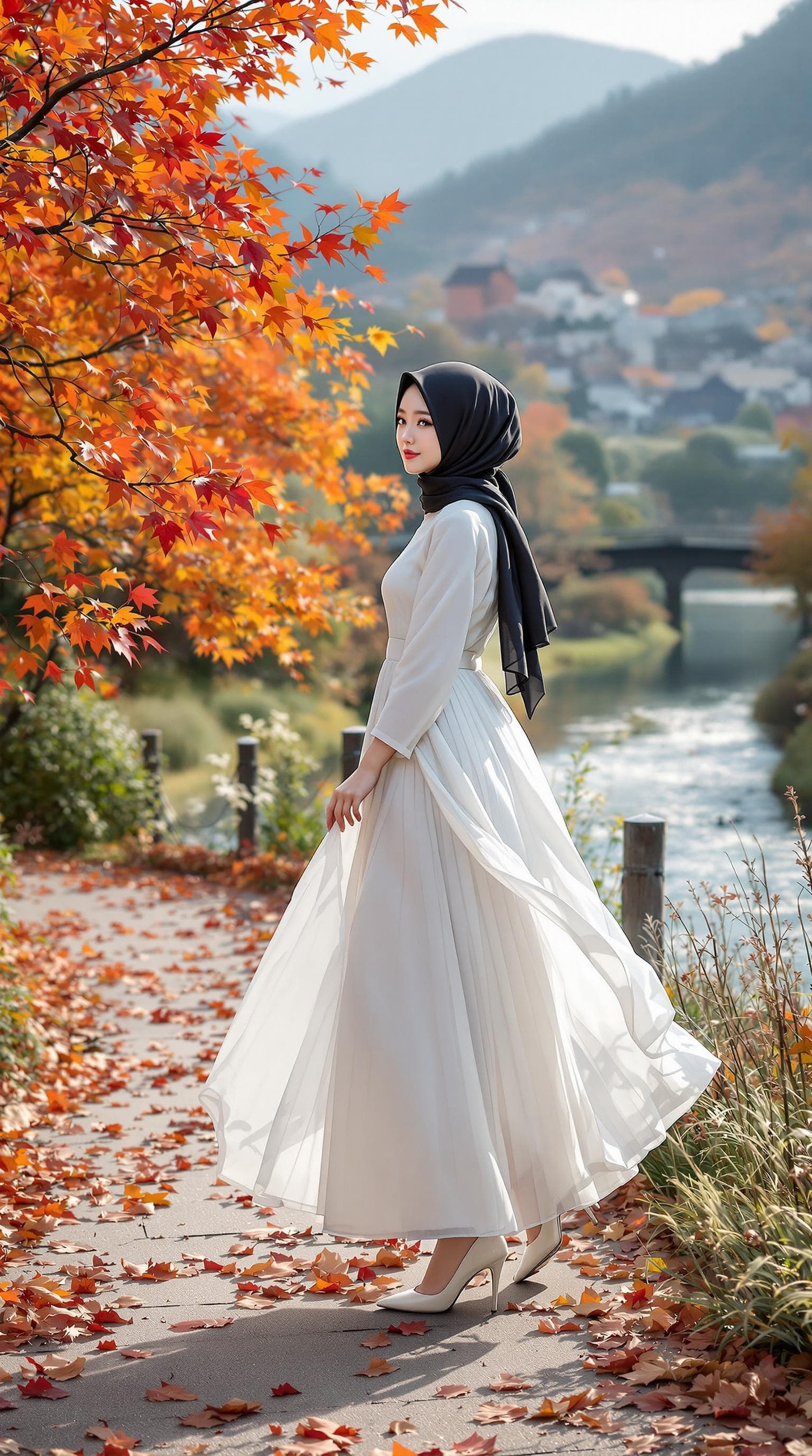 AI generated: realistic, japanese girl, beautiful girl, full body, ulzzang face, black hijab, wearing a white robe...