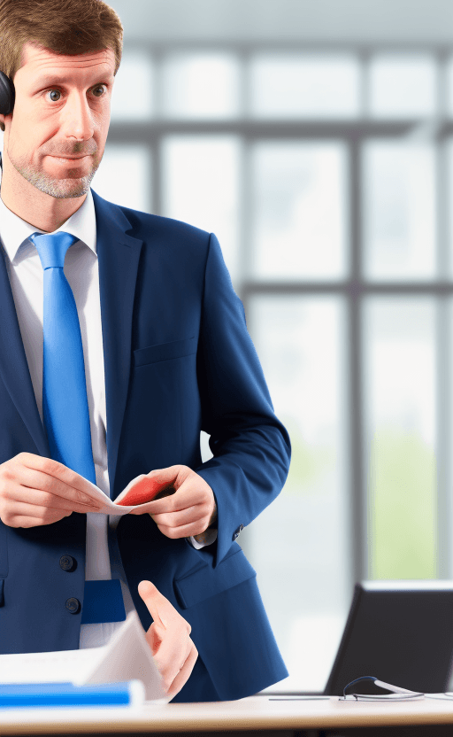 AI generated: realistic photo of a teacher showing how to create a business during a conference, hands in his pock...