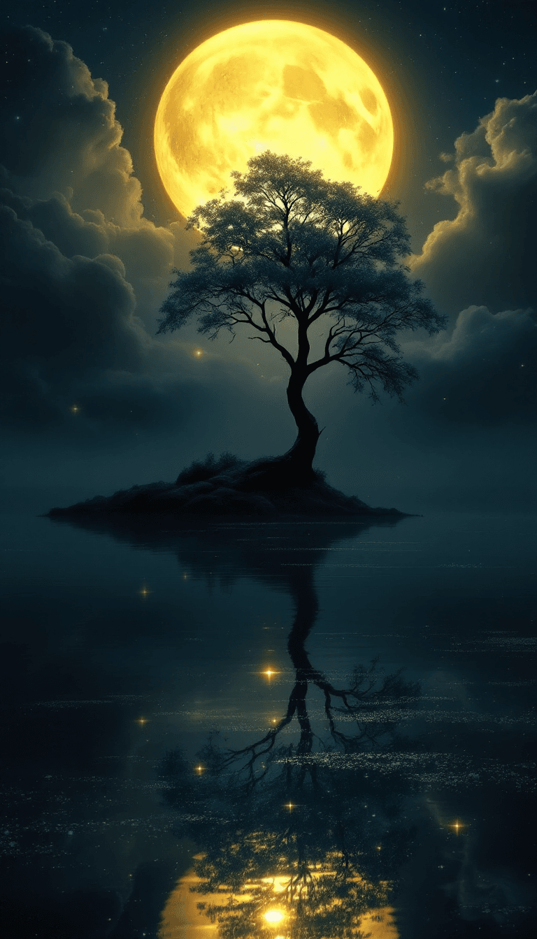 AI generated: Ultra-high resolution, Hyper-detailed fantasy artwork, A radiant golden full moon casting luminous l...