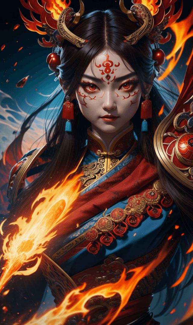 AI generated: a chinese character in a fiery costume with red eyes, in the style of realistic hyper-detailed portr...