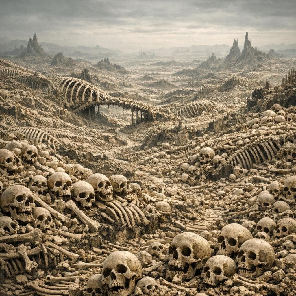 AI generated: Bones → The Ossuary Fields (endless skeletal remains forming landscapes)