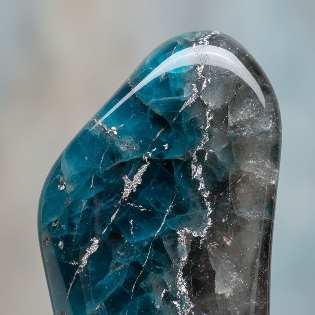 AI generated: Smoothed Teal crystal mixed with grey crystal and silver flakes sparsely running throughout it 