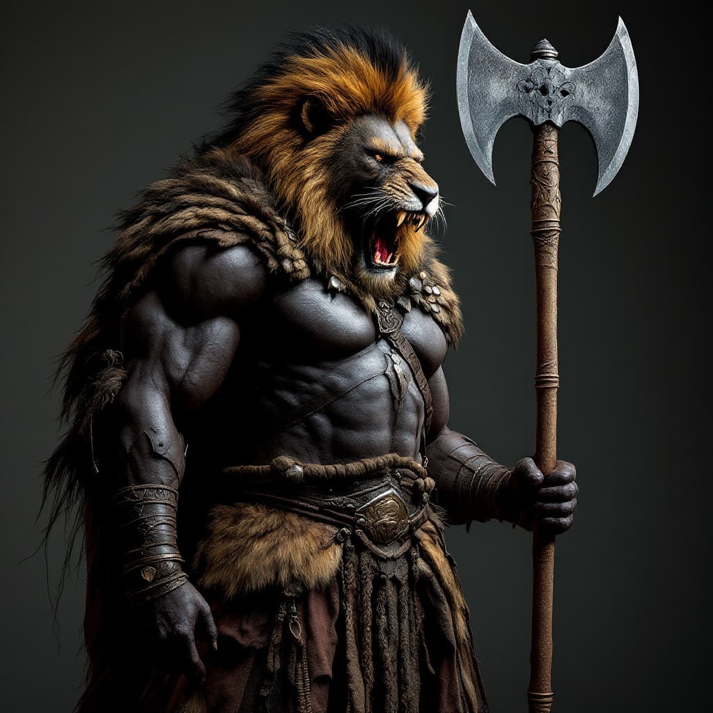 AI generated: A 14ft tall black African Warrior , with Zulu style armour holding a double sided Axe with the head ...