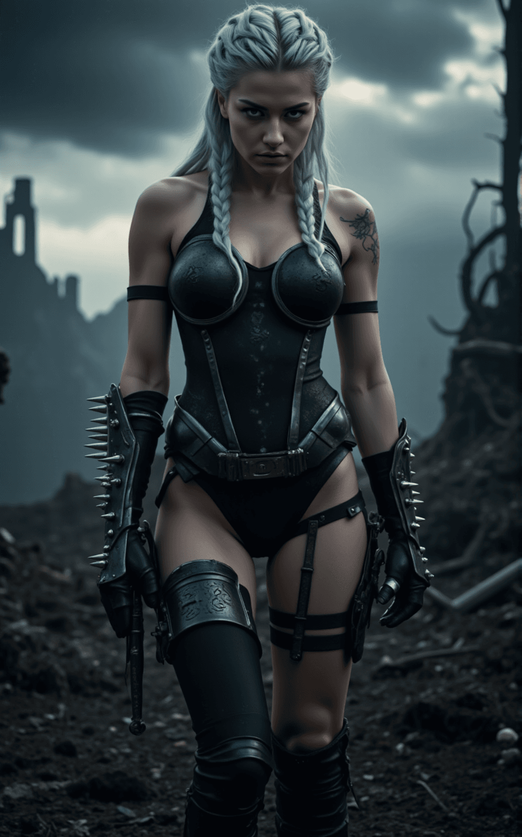 AI generated: In the heart of a desolate, post-apocalyptic world, a fierce female warrior known as Black Fury stan...