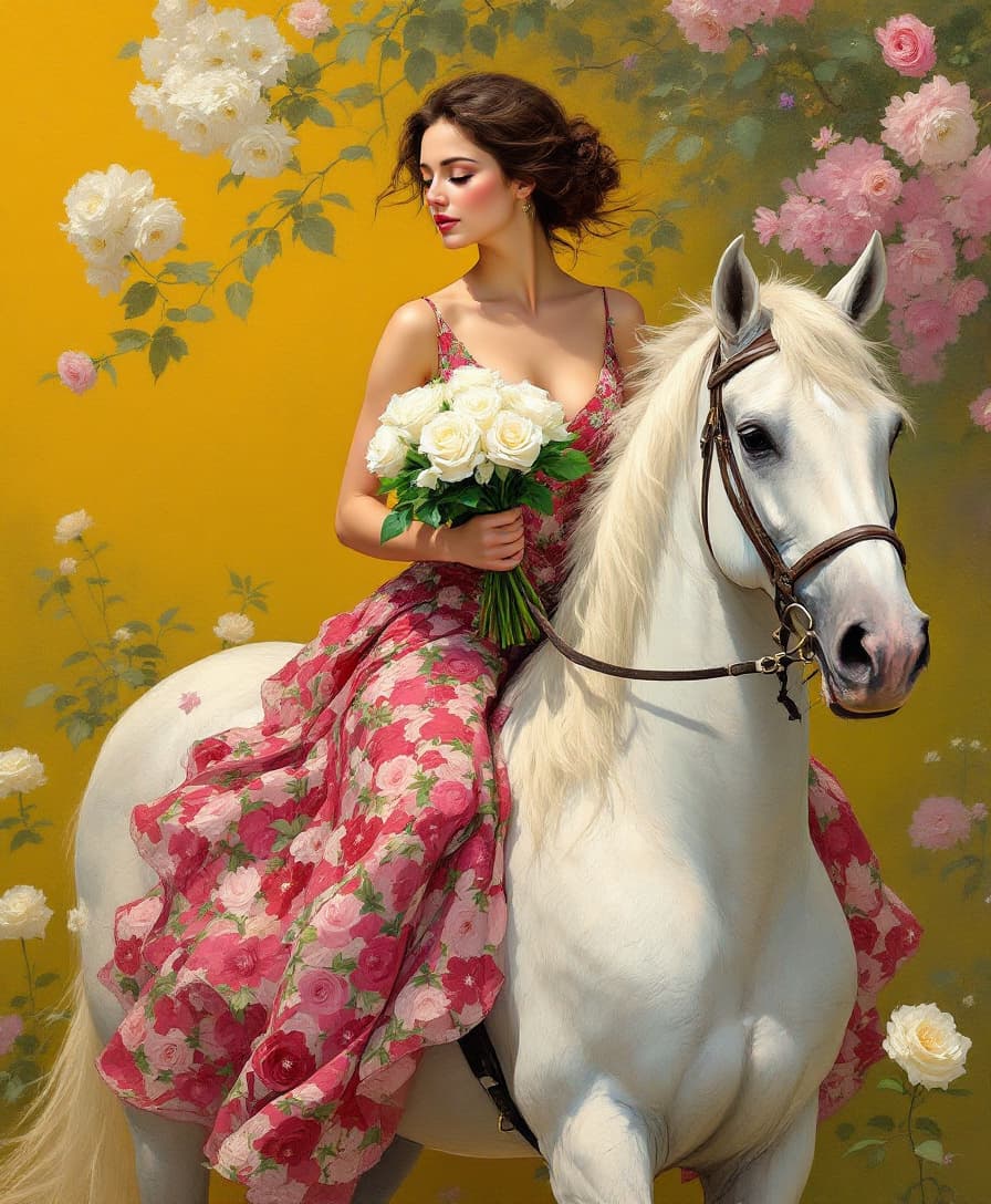 AI generated: A serene scene of a woman in a vermelho floral dress riding a white horse. She holds a bouquet of wh...