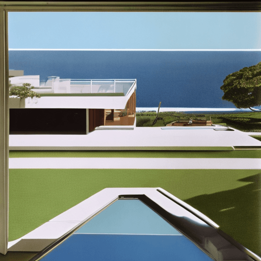 AI generated: Hyper realistic eye level exterior photo of a mid century modern style house overlooking the ocean, ...