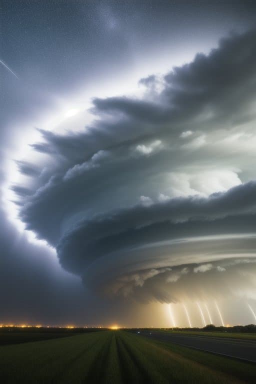 AI generated: a tornado, dark as night, bearing down on the landscape, debris flies through the air, impeccable at...