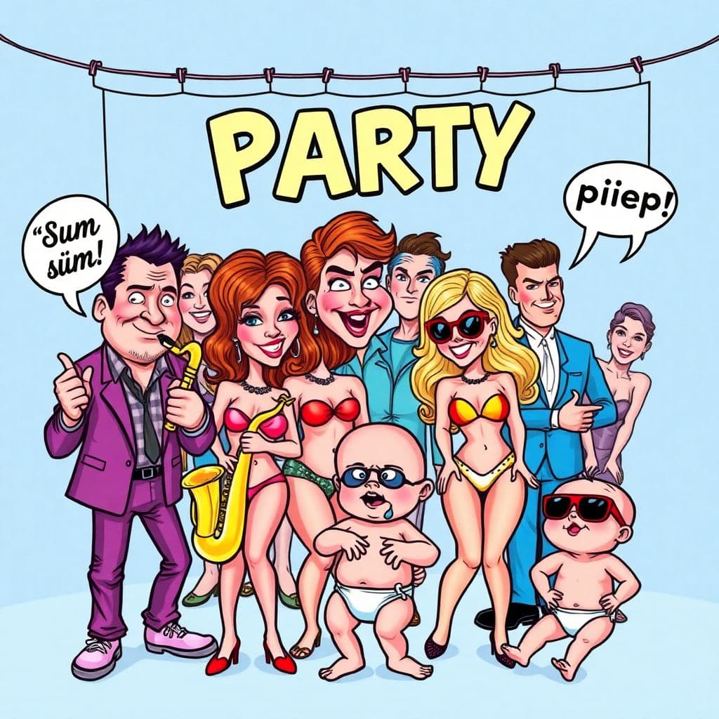 AI generated: Colorful comic book cover style, exaggerated cartoon characters with funny expressions, scenes from ...