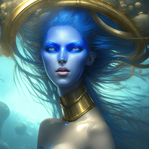 AI generated: anthropomorphic fem incredible creature from the Mariana Trench, ultramarine hair and gold eyes, ult...