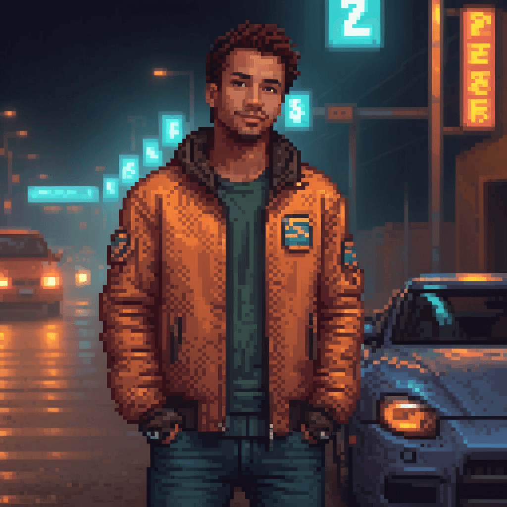 AI generated: Leaning against car, underground street racing, oversized racing jacket, racing gloves, oversized cl...