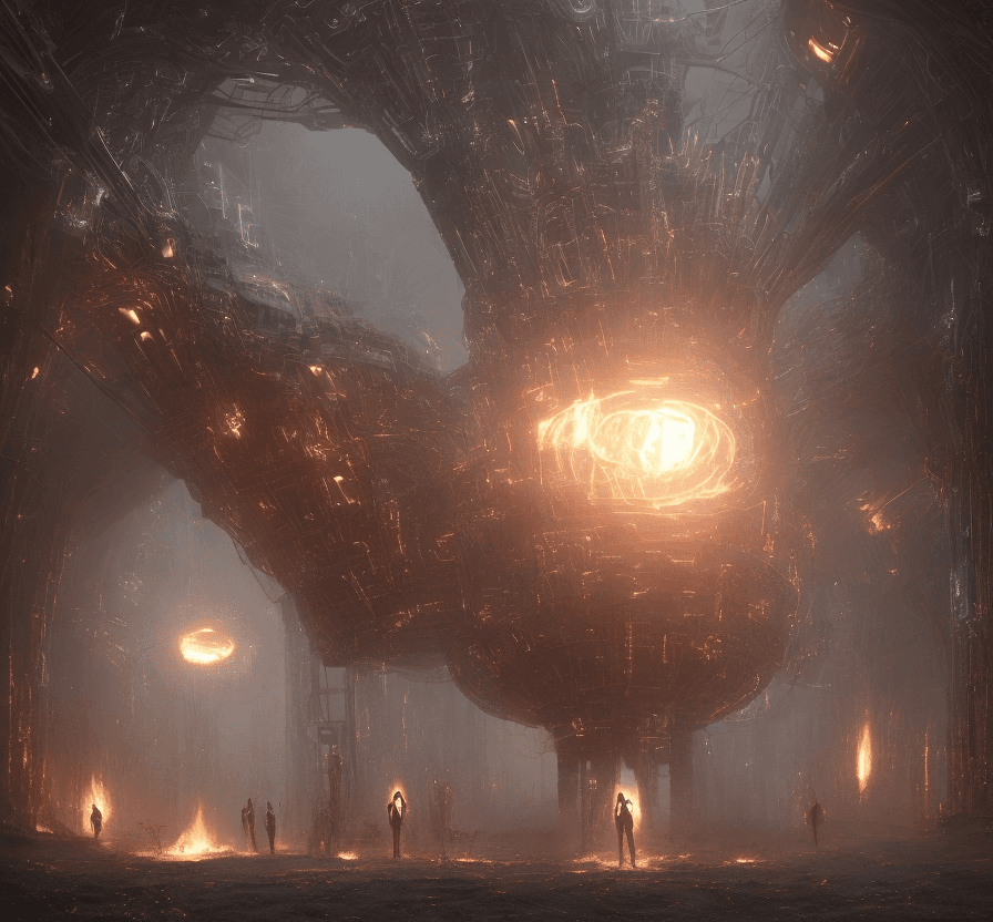 AI generated: 2  iron Mech are walking thru the big fire   in the tight  corridor  in a futuristic Alien spaceship...