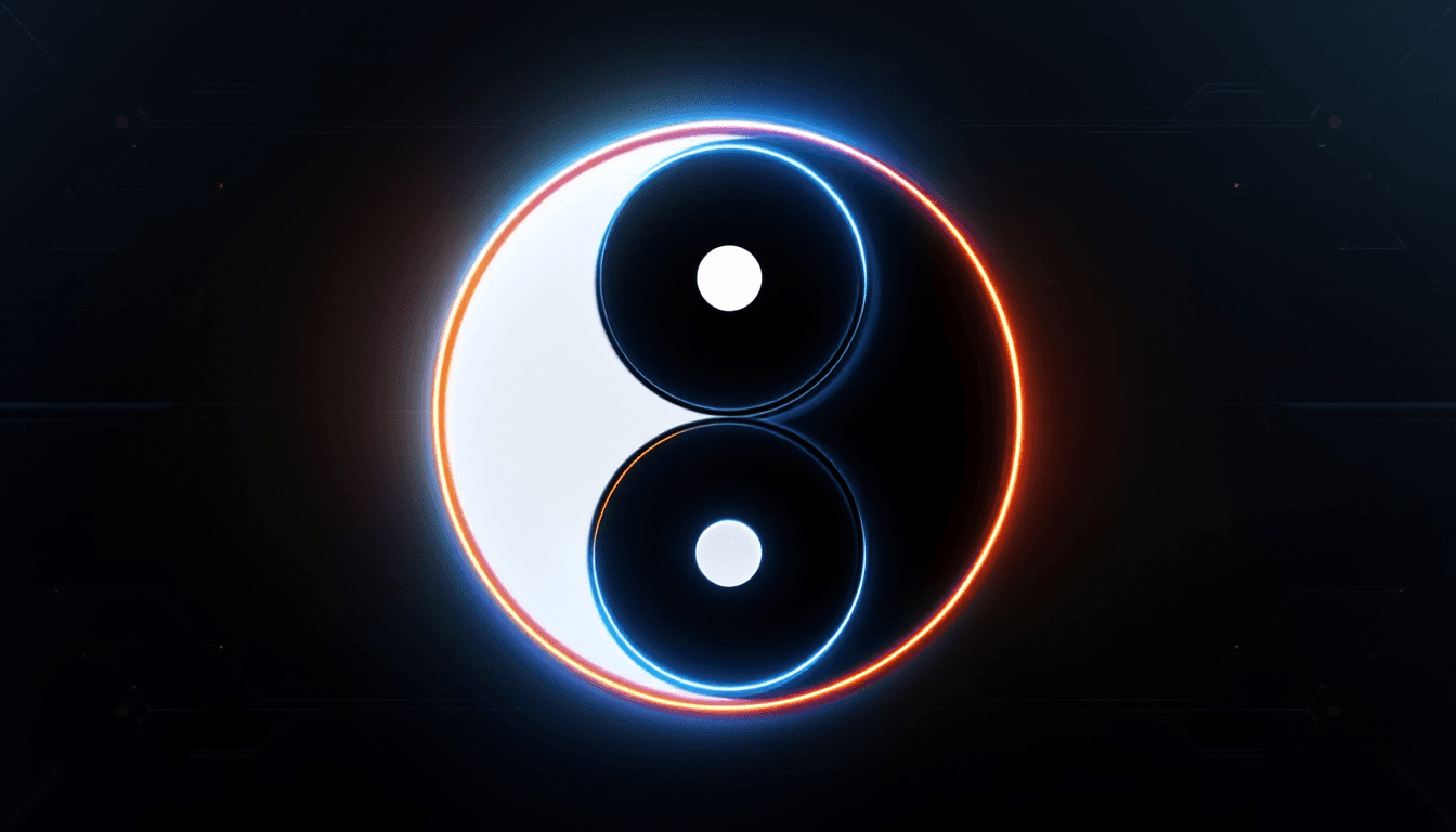 AI generated: A dynamic, modern interpretation of the yin-yang symbol on a sleek, digital background. One side of ...