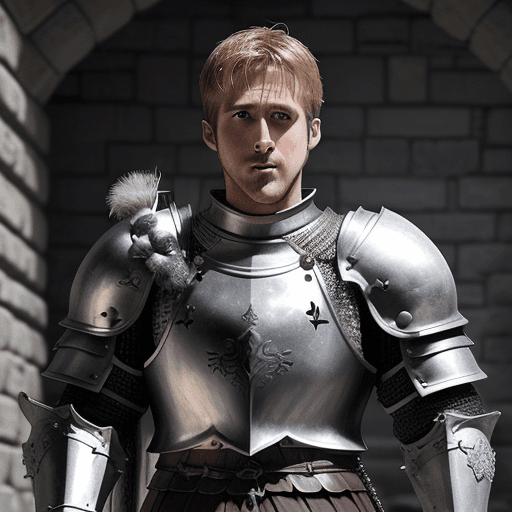 AI generated: Ryan Gosling A white male muscular armored Knight  in the snowy castle walls . He has a special plat...